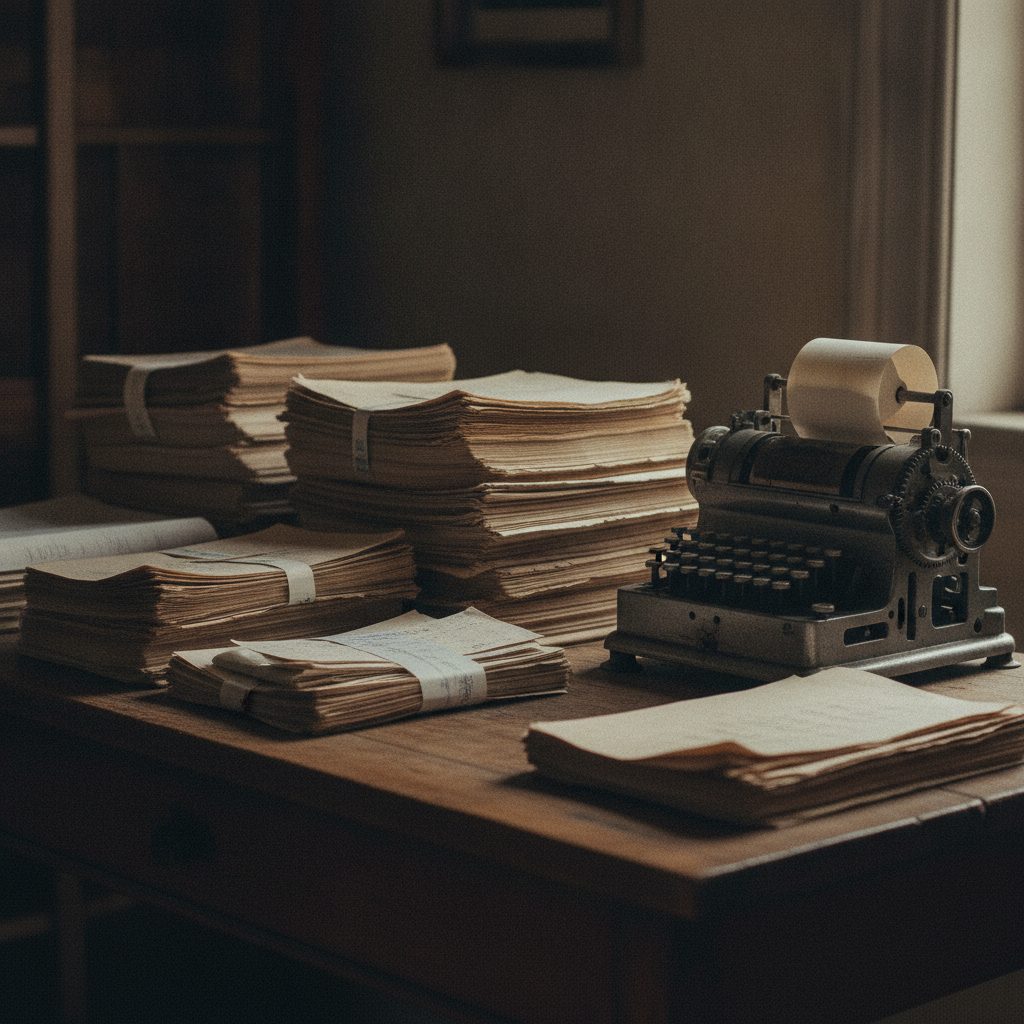 Stacks of bound paper ledgers beside a vintage adding machine on a wooden desk.