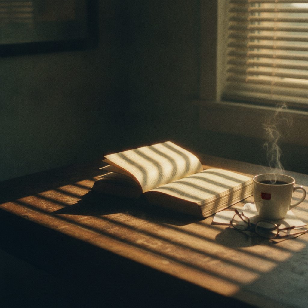 An open ledger and a cup of black coffee on a desk, morning light cutting through window blinds.