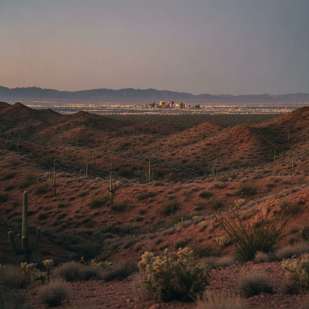 The Las Vegas valley at dusk, city lights glowing beyond the desert hills.