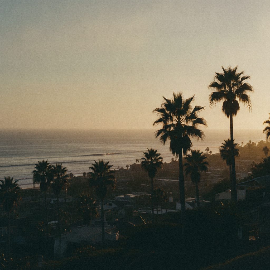 Coastal palms above the Pacific at golden hour in Orange County, California.